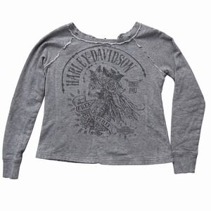 Harley-Davidson Cropped Distressed Sweatshirt Grey Lace-Up Skull Graphic Y2K M